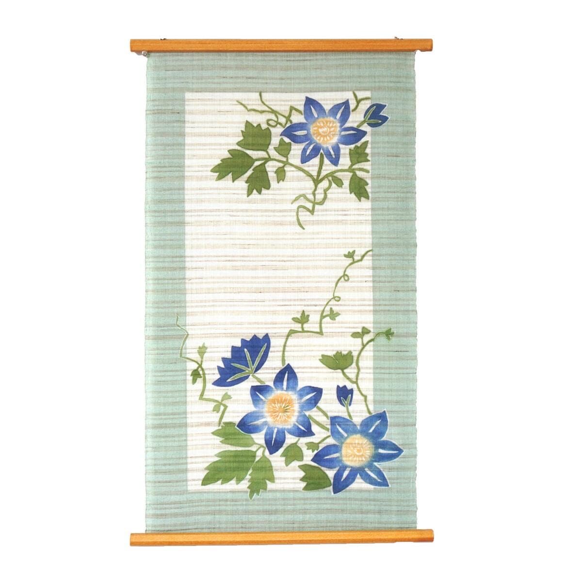 Japanese Linen Wall Hanging, Hand Painted Tessen Clematis Floral Art, 17.7 x 33.5 in
