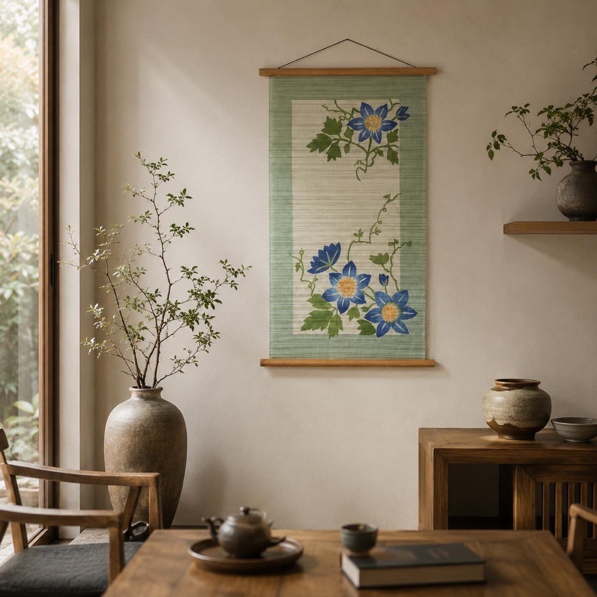 Japanese Linen Wall Hanging, Hand Painted Tessen Clematis Floral Art, 17.7 x 33.5 in — view 10