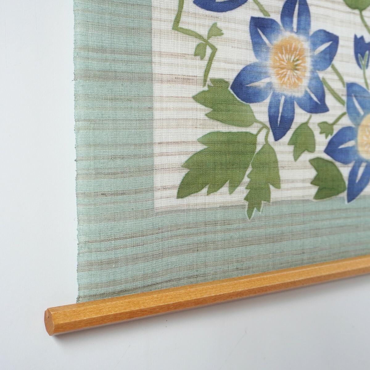Japanese Linen Wall Hanging, Hand Painted Tessen Clematis Floral Art, 17.7 x 33.5 in — view 4