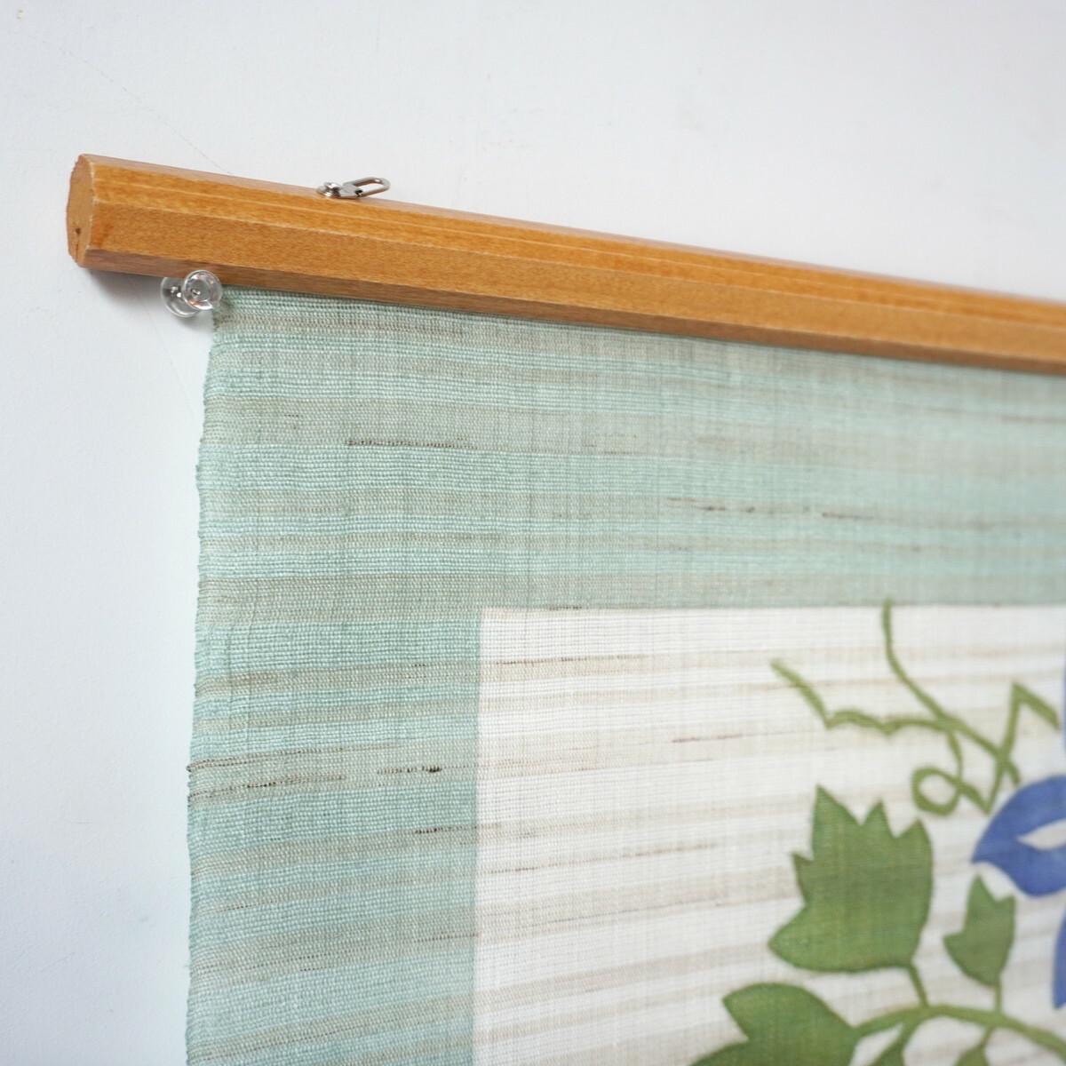 Japanese Linen Wall Hanging, Hand Painted Tessen Clematis Floral Art, 17.7 x 33.5 in — view 5