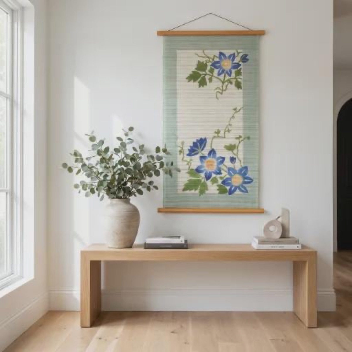Japanese Linen Wall Hanging, Hand Painted Tessen Clematis Floral Art, 17.7 x 33.5 in — view 6