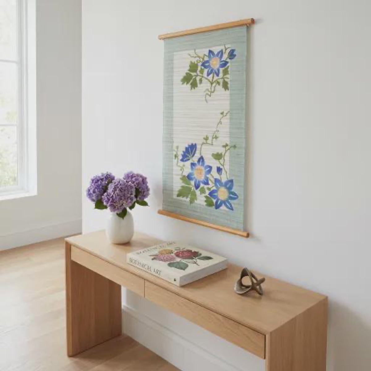 Japanese Linen Wall Hanging, Hand Painted Tessen Clematis Floral Art, 17.7 x 33.5 in — view 7