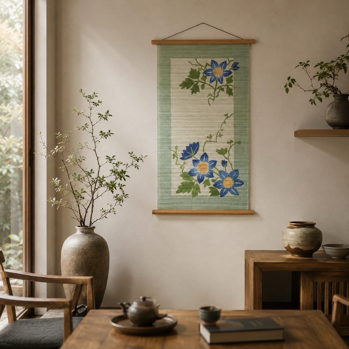 Japanese Linen Wall Hanging, Hand Painted Tessen Clematis Floral Art, 17.7 x 33.5 in — view 8
