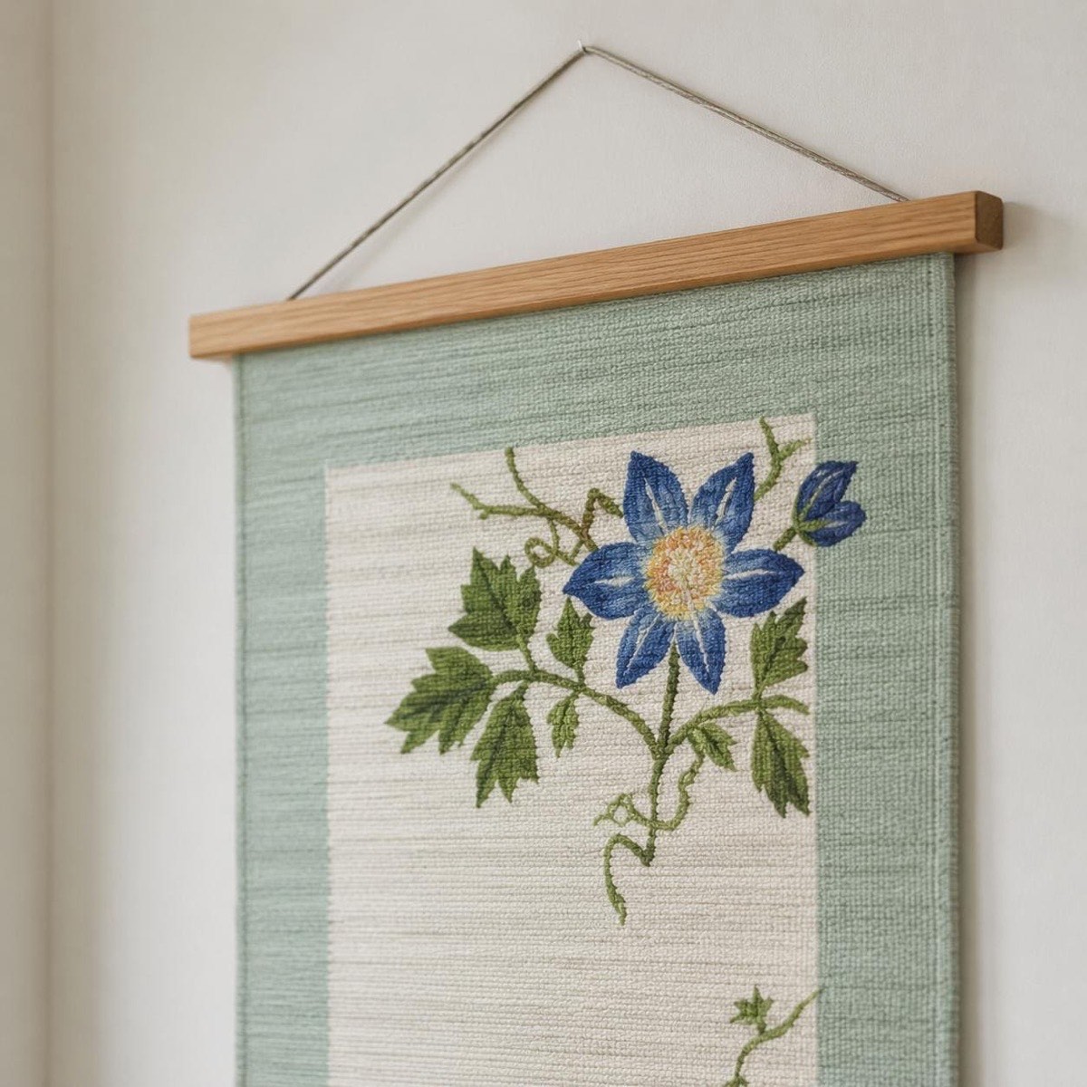 Japanese Linen Wall Hanging, Hand Painted Tessen Clematis Floral Art, 17.7 x 33.5 in — view 9