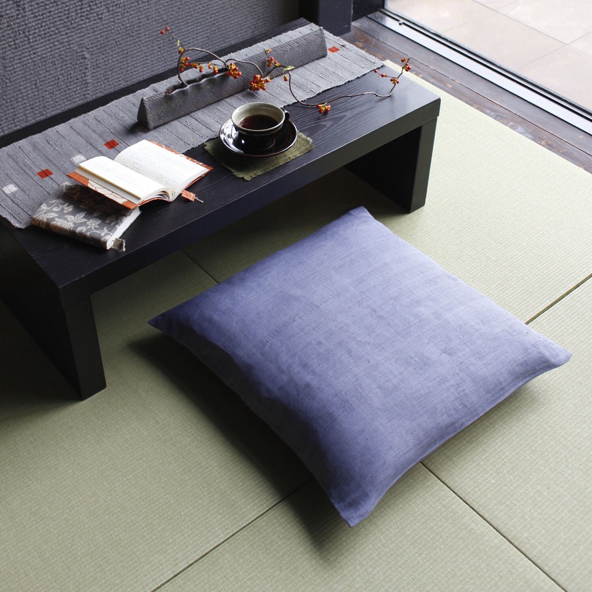 Japanese Linen Zabuton Floor Cushion Cover, Plain Blue Wisteria, 21.7 x 23.2 in, Iono Weave, Made in Japan — view 1