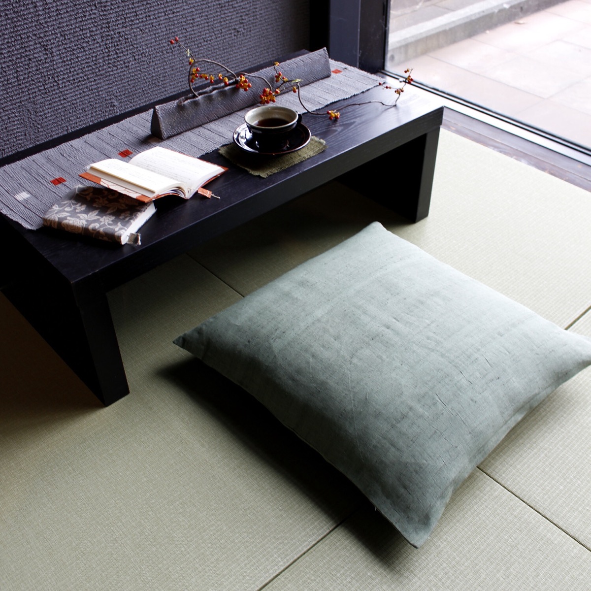 Japanese Linen Zabuton Floor Cushion Cover, Plain Grey-Green, 21.7 x 23.2 in, Iono Weave, Made in Japan — view 1