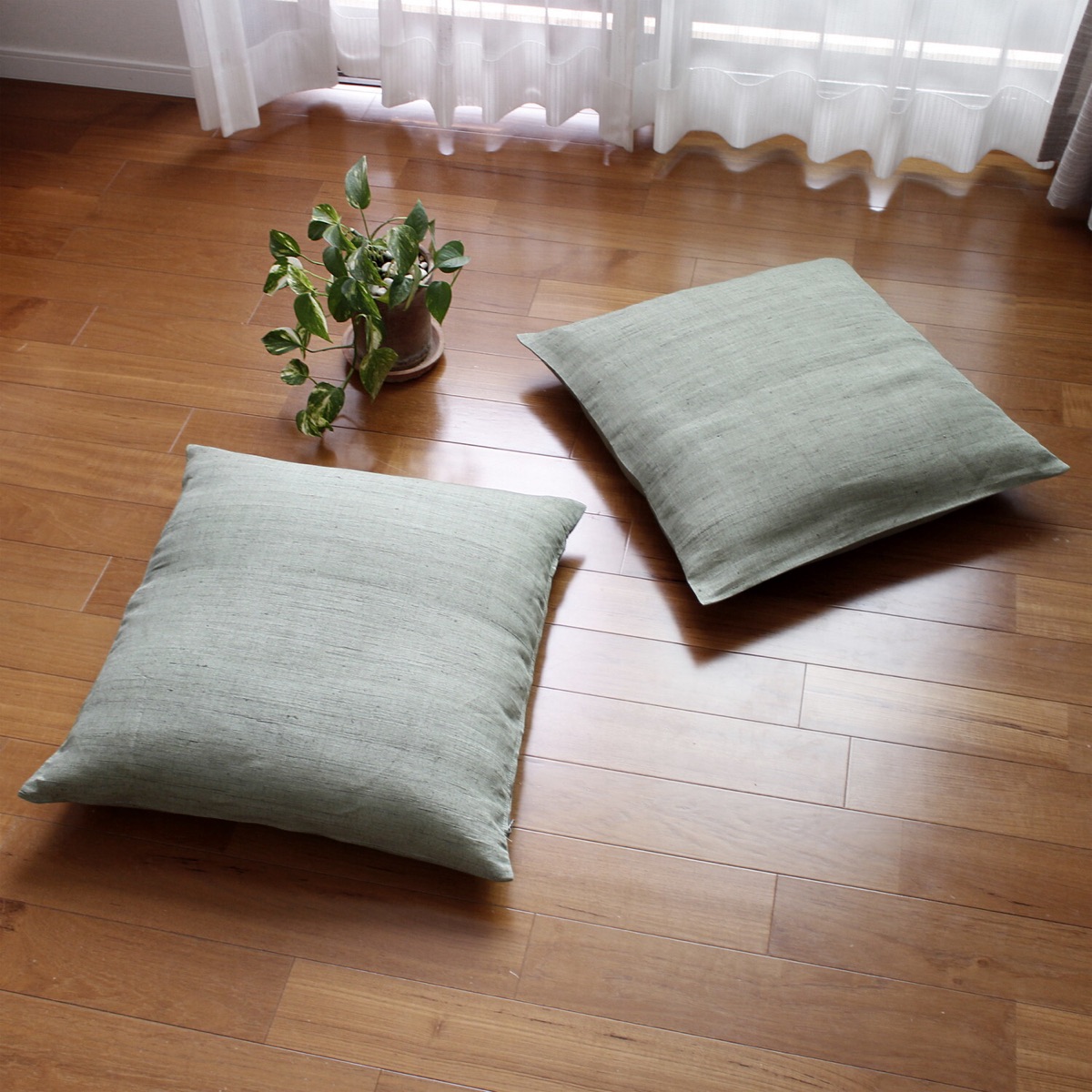 Japanese Linen Zabuton Floor Cushion Cover, Plain Grey-Green, 21.7 x 23.2 in, Iono Weave, Made in Japan — view 6