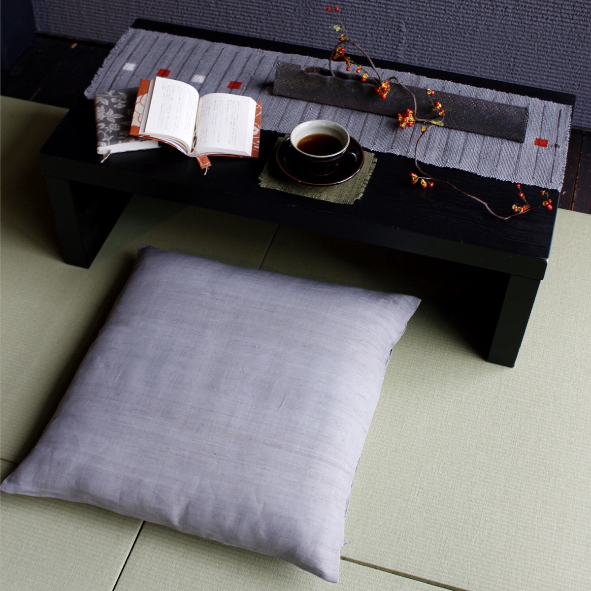 Japanese Linen Zabuton Floor Cushion Cover, Plain Pine-Soot Charcoal, 21.7 x 23.2 in, Iono Weave, Made in Japan