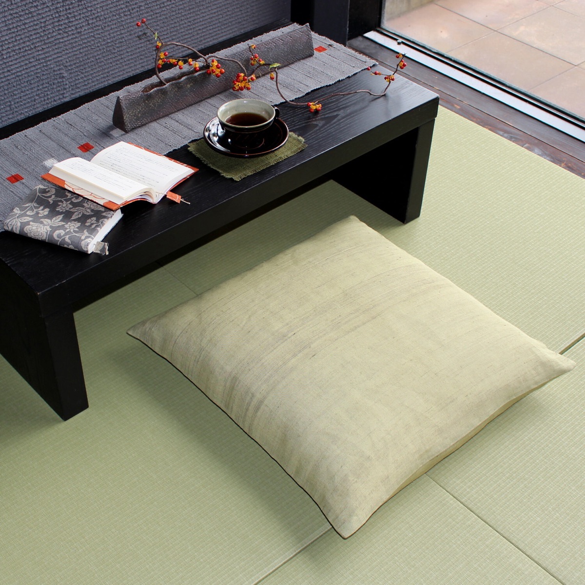 Japanese Linen Zabuton Floor Cushion Cover, Plain Rapeseed Yellow, 21.7 x 23.2 in, Iono Weave, Made in Japan — view 1