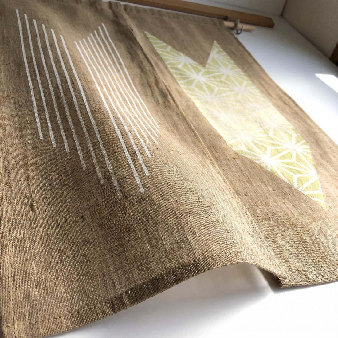 Japanese Noren Curtain, Arrow Feather Hemp Leaf Mustard, 33.5 x 59.1 in — view 7