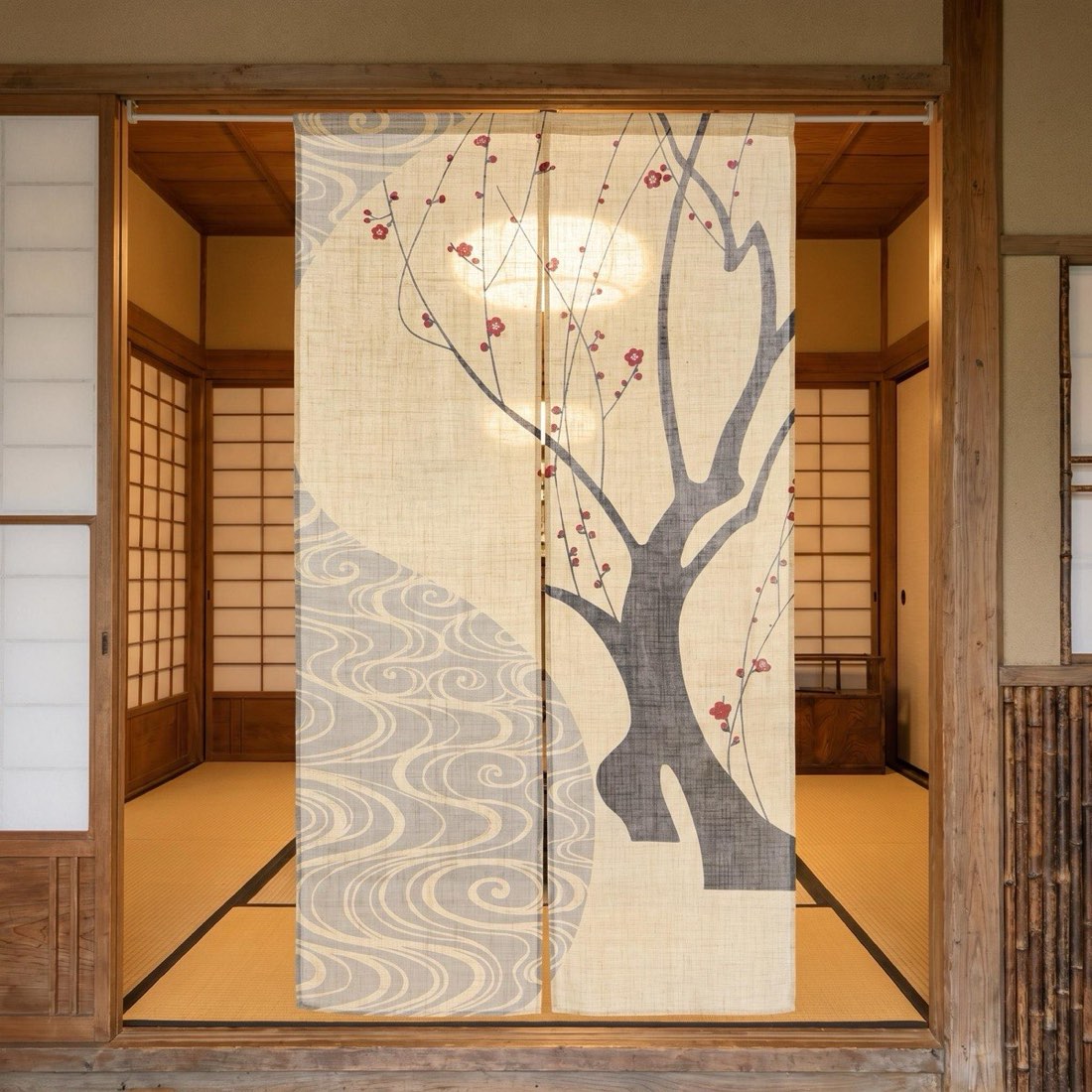 Japanese Noren Curtain, Red Plum Flowing Water Print, 33.5 x 59.1 in — view 8