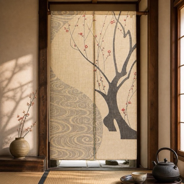 Japanese Noren Curtain, Red Plum Flowing Water Print, 33.5 x 59.1 in