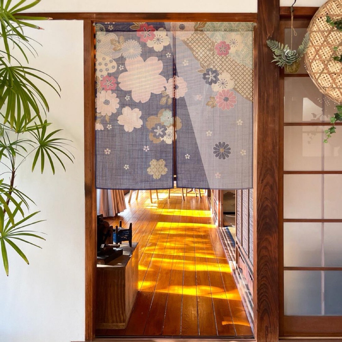Japanese Noren Door Curtain, Auspicious Flower, 33.5 x 35.4 in, Made in Japan — view 1