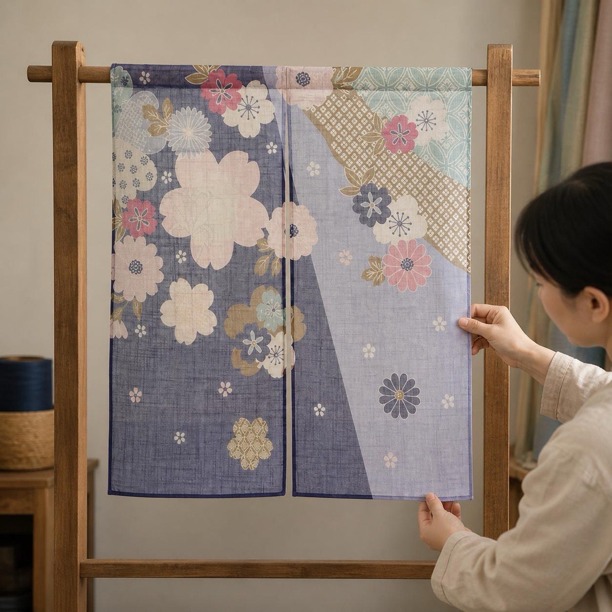 Japanese Noren Door Curtain, Auspicious Flower, 33.5 x 35.4 in, Made in Japan — view 10