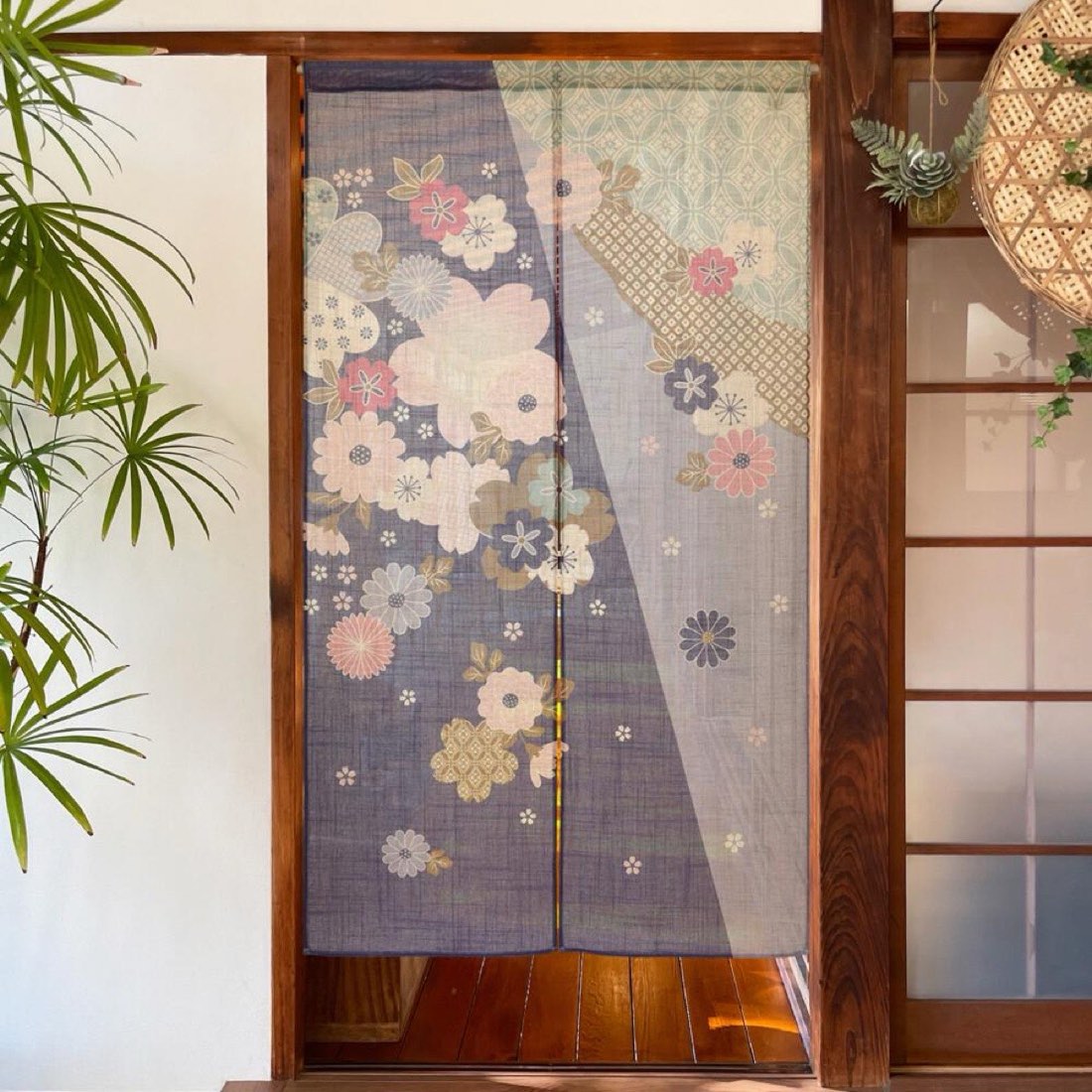 Japanese Noren Door Curtain, Auspicious Flower, 33.5 x 59.1 in, Made in Japan — view 2