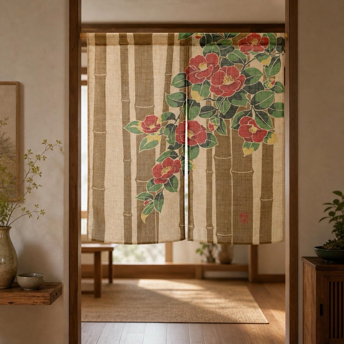 Japanese Noren Door Curtain, Bamboo and Camellia, 33.5 x 35.4 in, Made in Japan — view 1