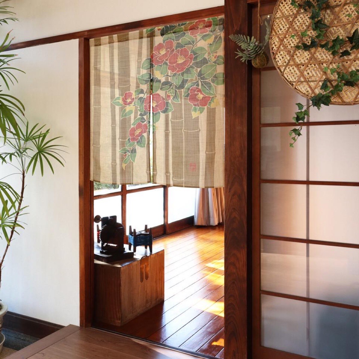 Japanese Noren Door Curtain, Bamboo and Camellia, 33.5 x 35.4 in, Made in Japan — view 2