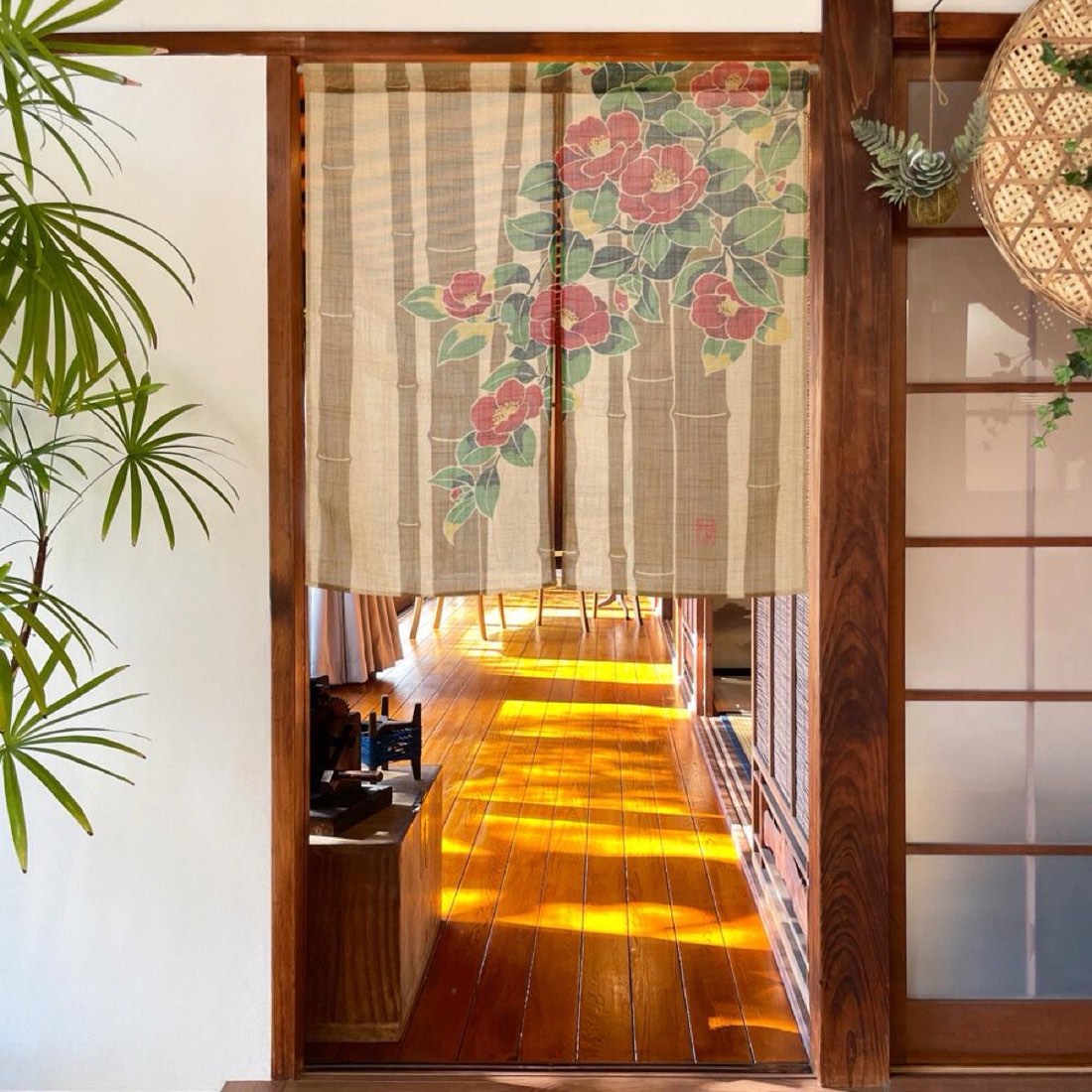 Japanese Noren Door Curtain, Bamboo and Camellia, 33.5 x 35.4 in, Made in Japan — view 8