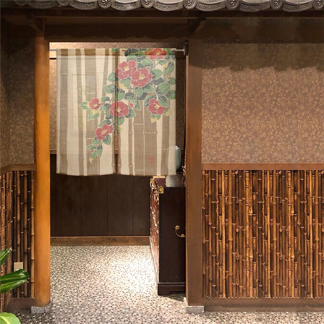 Japanese Noren Door Curtain, Bamboo and Camellia, 33.5 x 35.4 in, Made in Japan — view 9