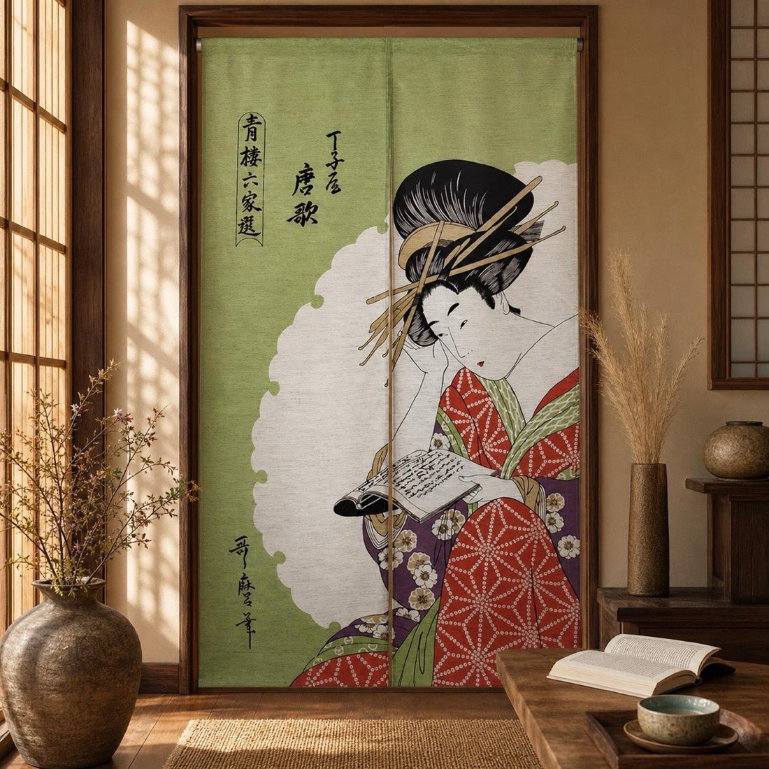 Japanese Noren Door Curtain, Classical Poem, 33.5 x 59.1 in, Made in Japan — view 1