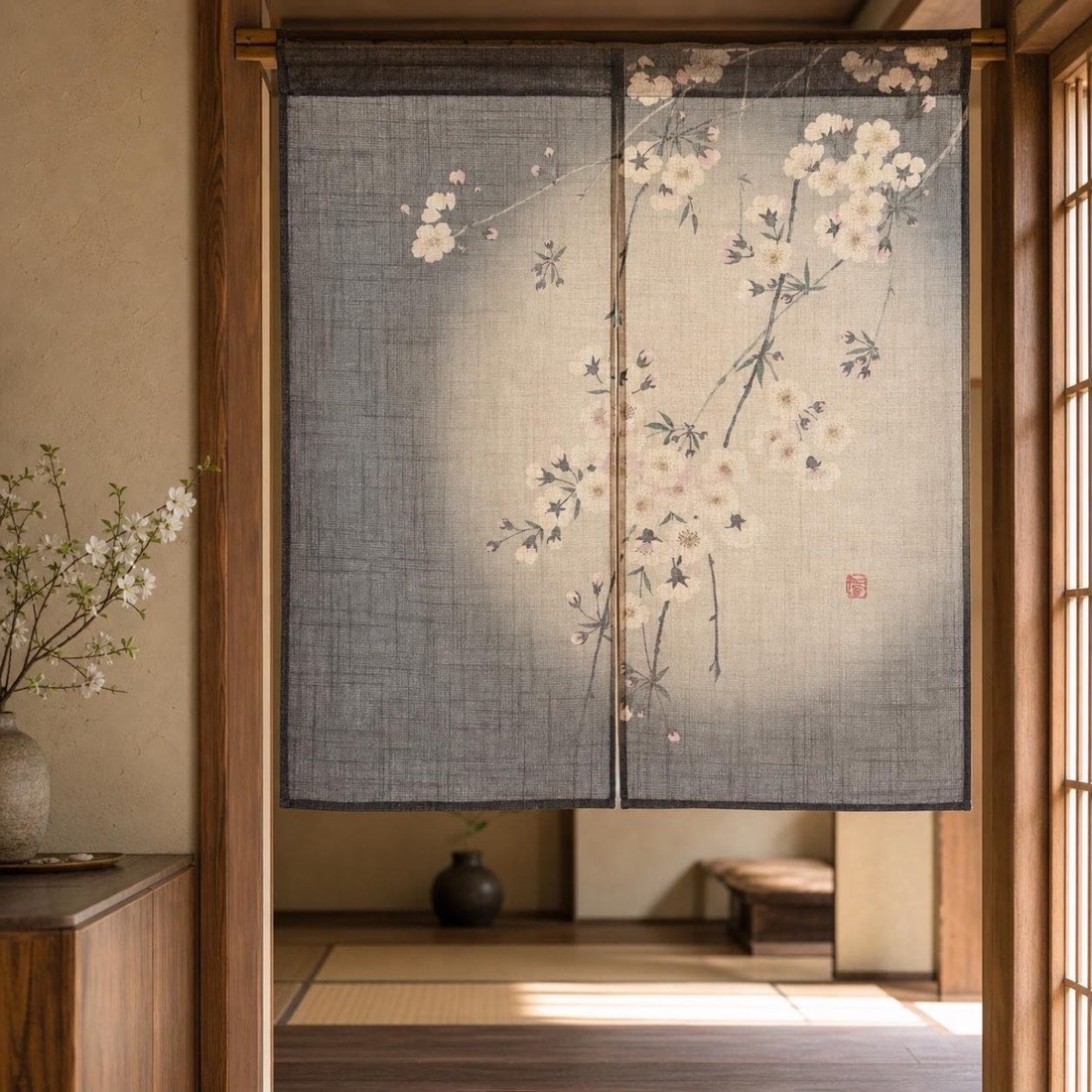 Japanese Noren Door Curtain, Evening Sakura, 33.5 x 35.4 in, Made in Japan — view 1