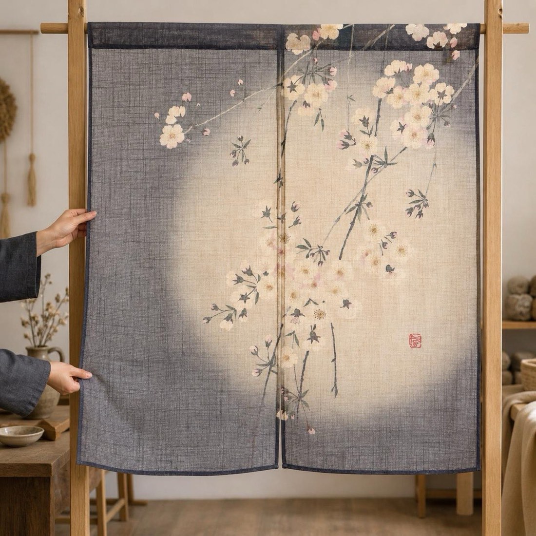 Japanese Noren Door Curtain, Evening Sakura, 33.5 x 35.4 in, Made in Japan — view 10