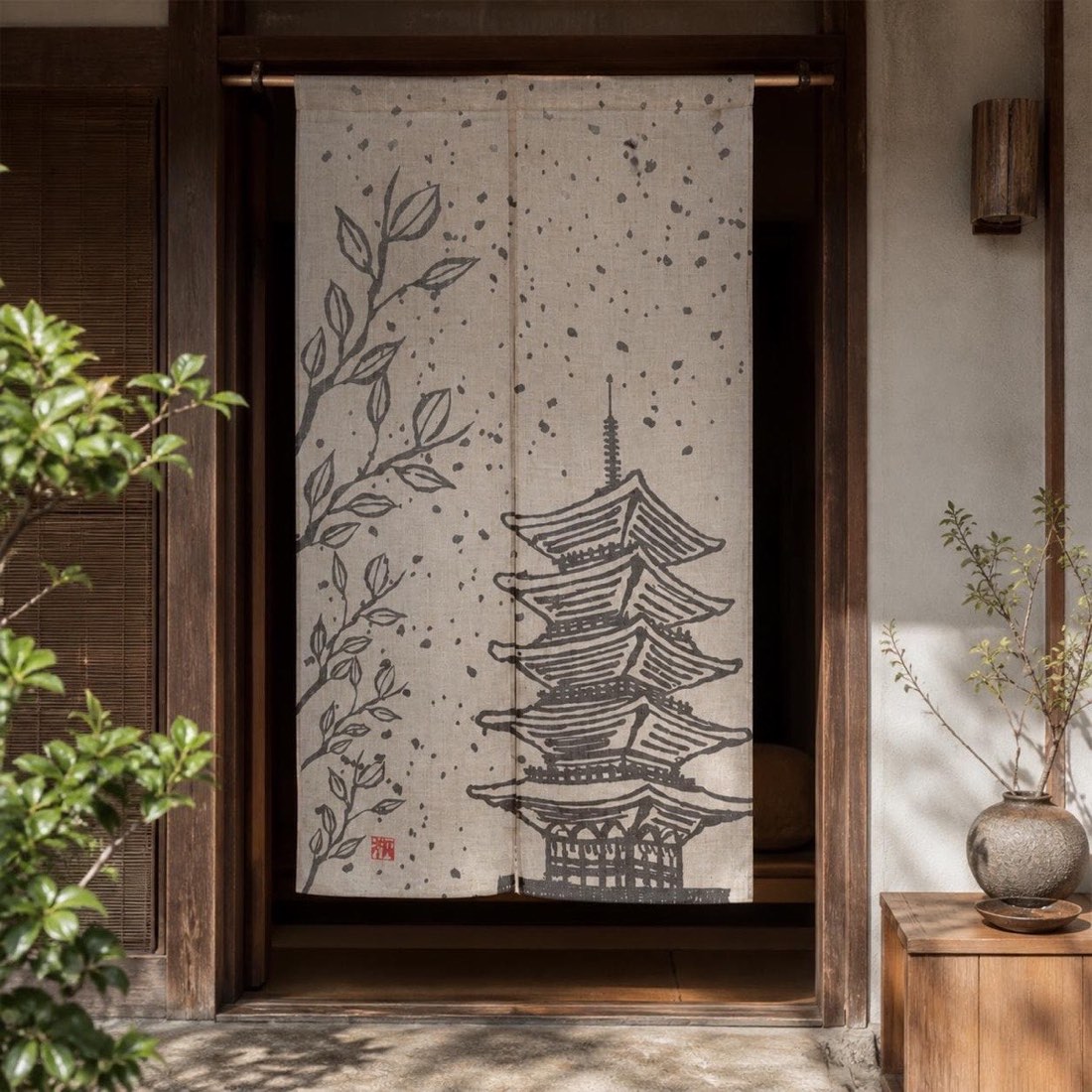 Japanese Noren Door Curtain, Five Story Pagoda, 33.5 x 59.1 in, Made in Japan — view 1