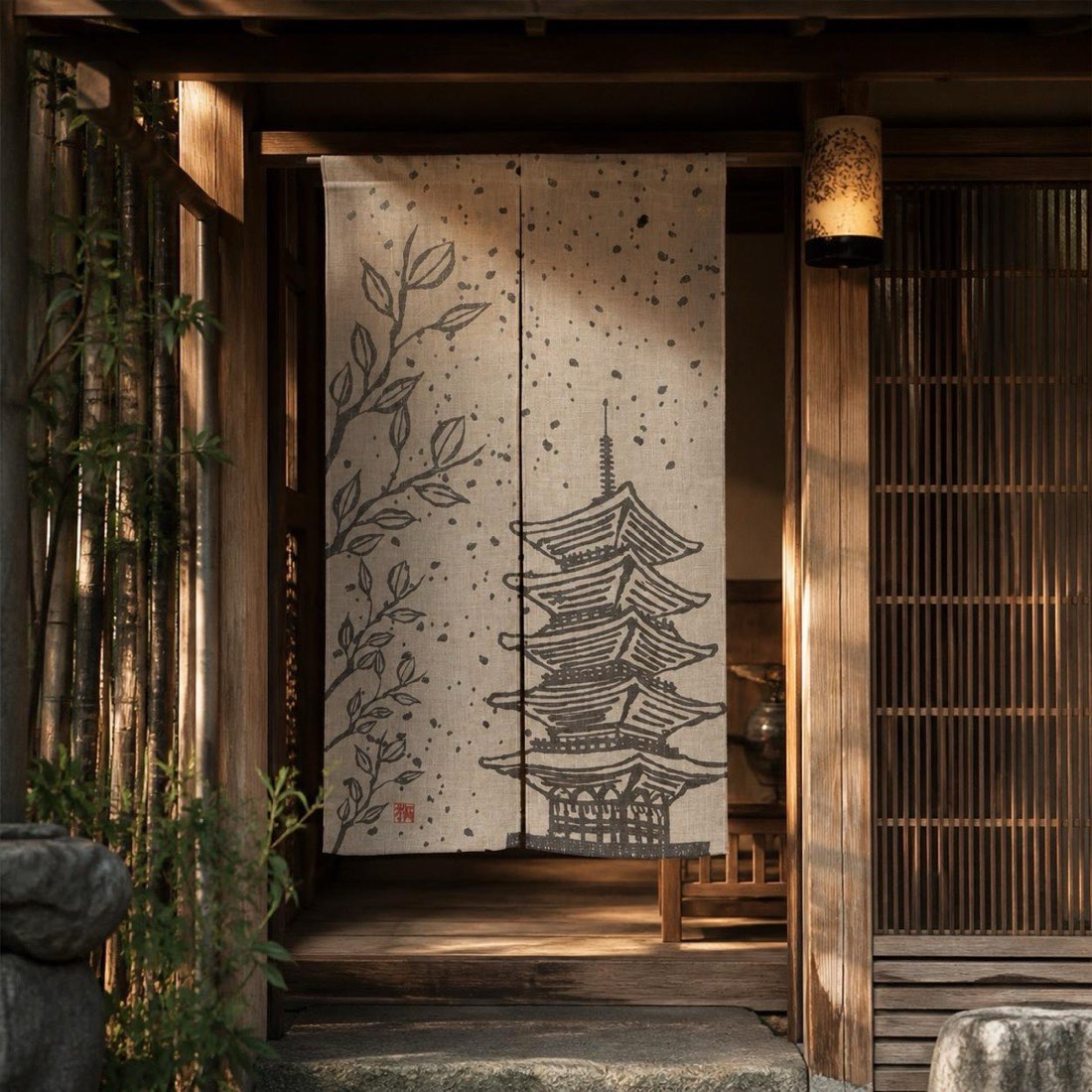 Japanese Noren Door Curtain, Five Story Pagoda, 33.5 x 59.1 in, Made in Japan — view 10