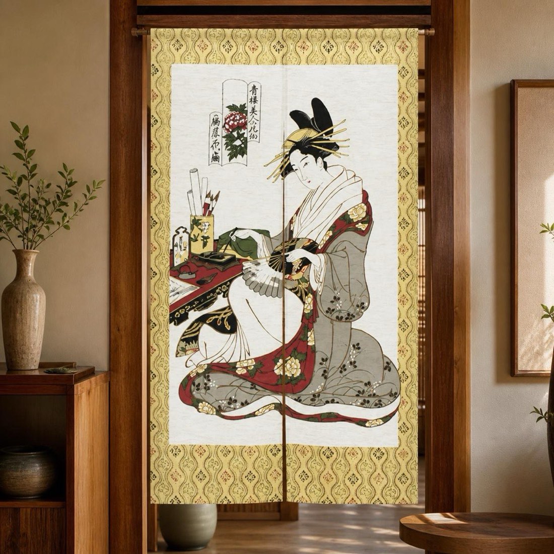 Japanese Noren Door Curtain, Floral Fan, 33.5 x 59.1 in, Made in Japan — view 1