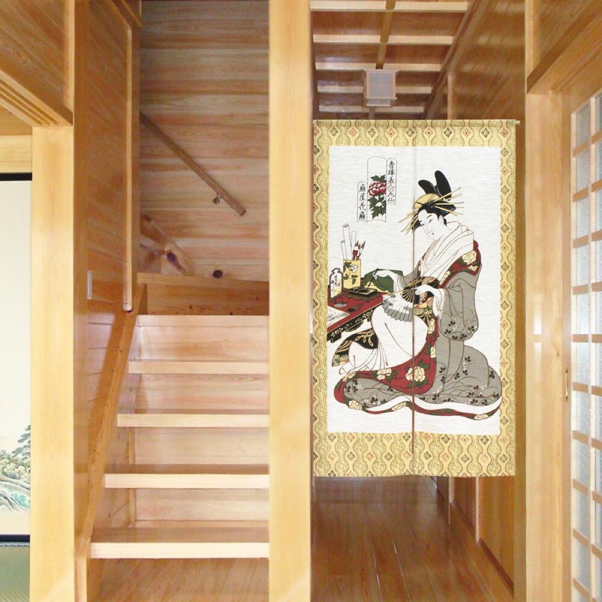 Japanese Noren Door Curtain, Floral Fan, 33.5 x 59.1 in, Made in Japan — view 2