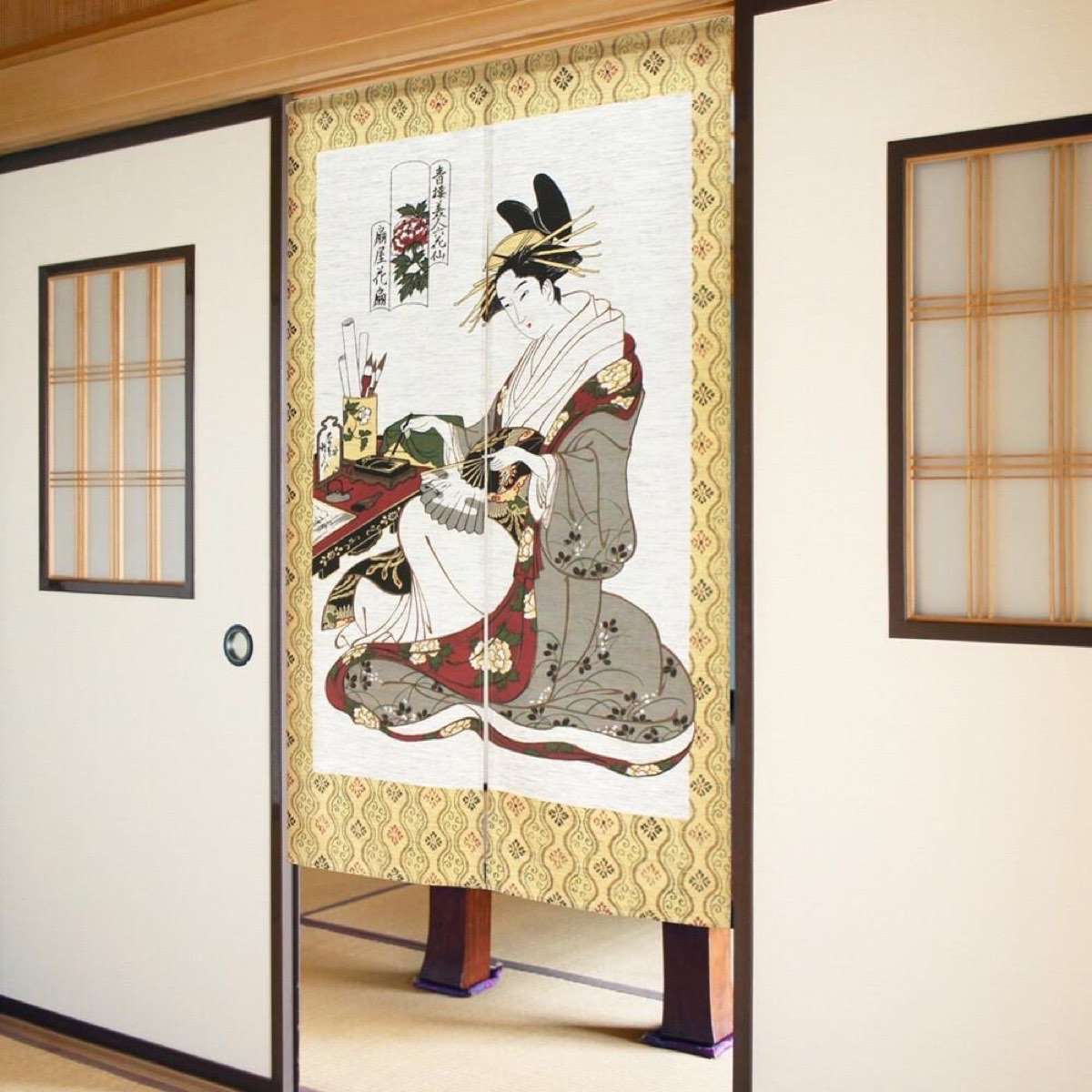 Japanese Noren Door Curtain, Floral Fan, 33.5 x 59.1 in, Made in Japan — view 7