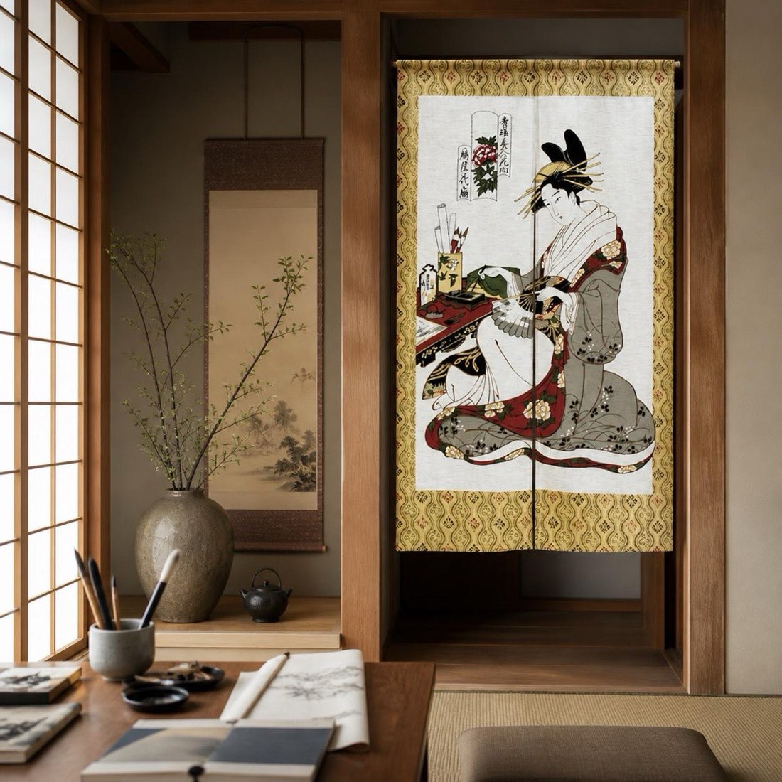 Japanese Noren Door Curtain, Floral Fan, 33.5 x 59.1 in, Made in Japan — view 8