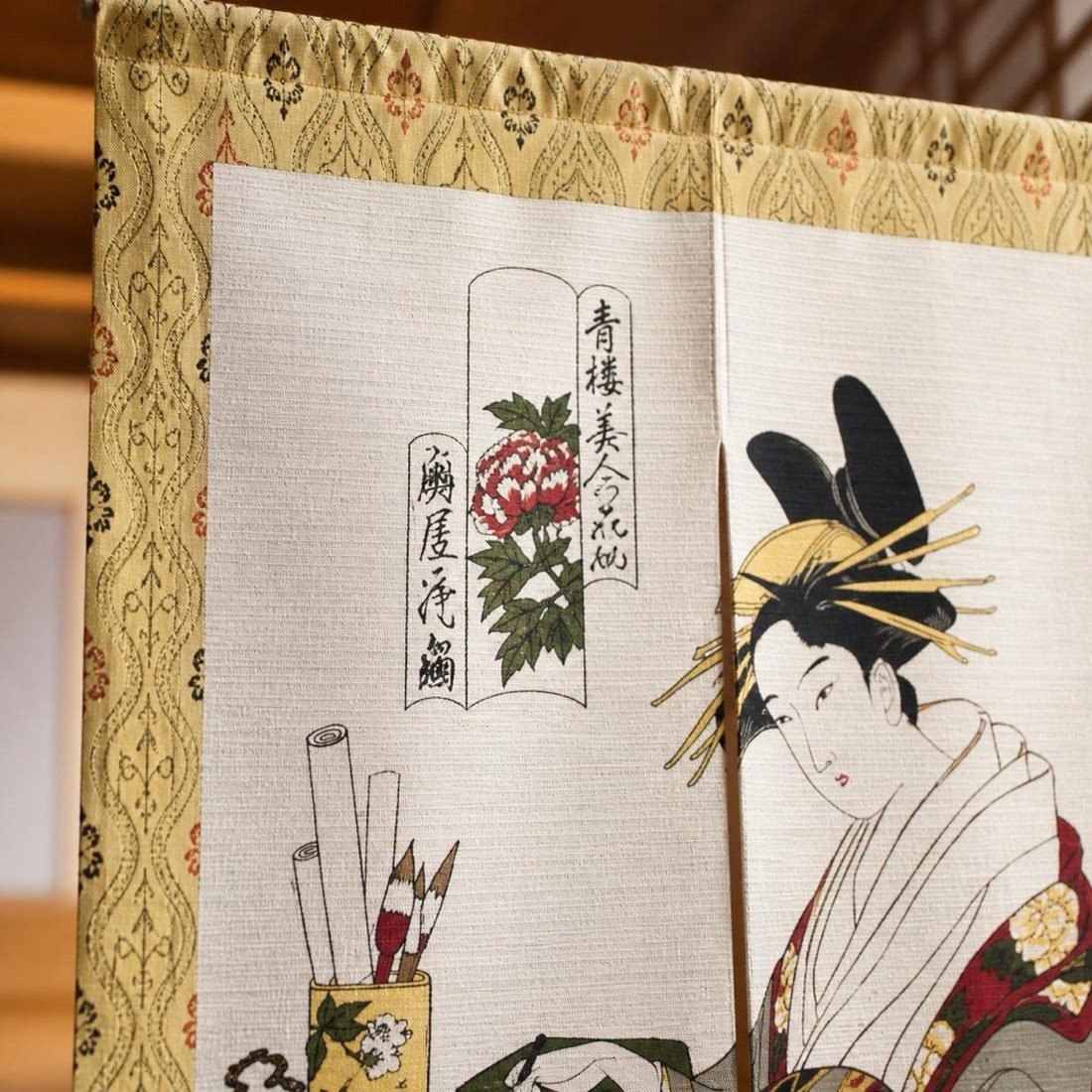 Japanese Noren Door Curtain, Floral Fan, 33.5 x 59.1 in, Made in Japan — view 9
