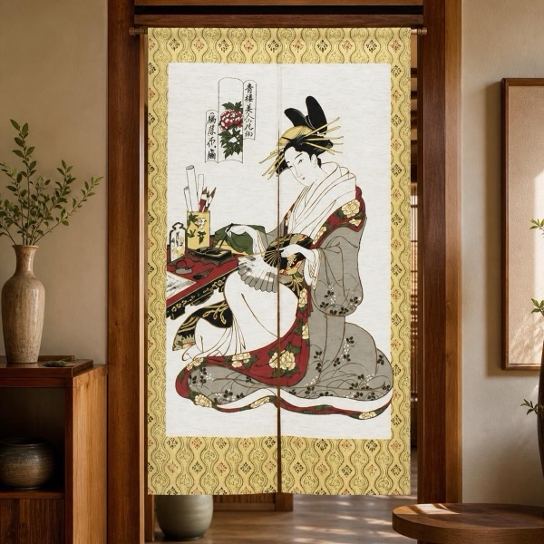 Japanese Noren Door Curtain, Floral Fan, 33.5 x 59.1 in, Made in Japan