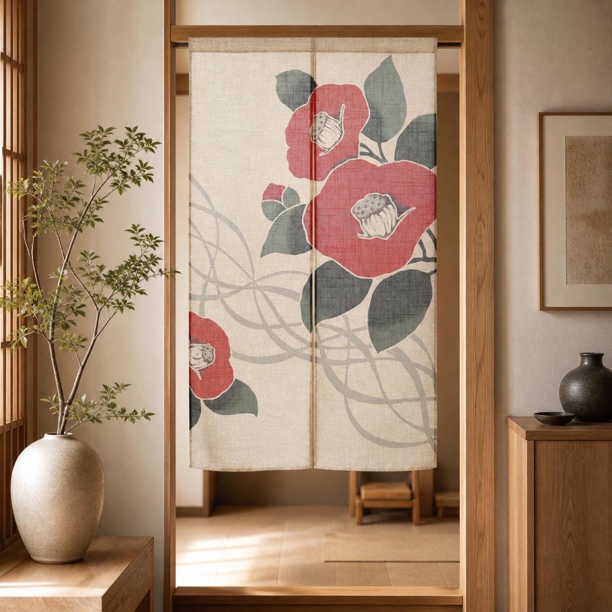 Japanese Noren Door Curtain, Flowing Line Camellia, 33.5 x 59.1 in, Made in Japan — view 10