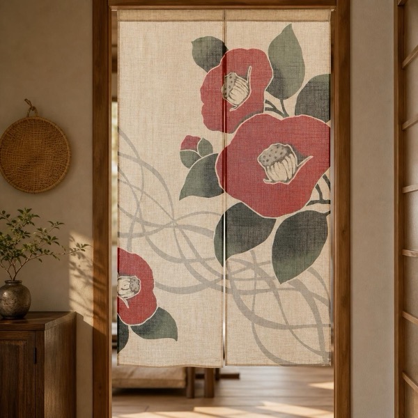 Japanese Noren Door Curtain, Flowing Line Camellia, 33.5 x 59.1 in, Made in Japan