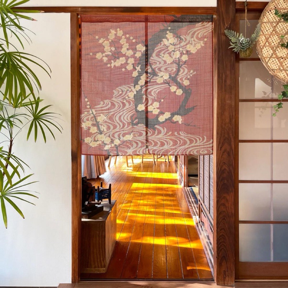 Japanese Noren Door Curtain, Flowing Water White Plum Print, 33.5 x 35.4 in — view 2