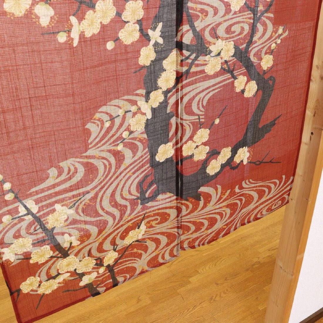 Japanese Noren Door Curtain, Flowing Water White Plum Print, 33.5 x 35.4 in — view 5