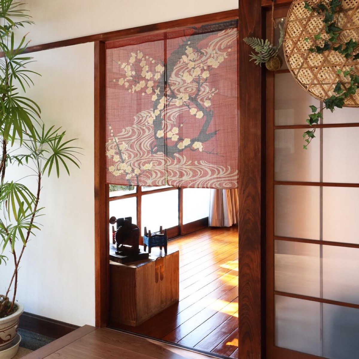 Japanese Noren Door Curtain, Flowing Water White Plum Print, 33.5 x 35.4 in — view 8
