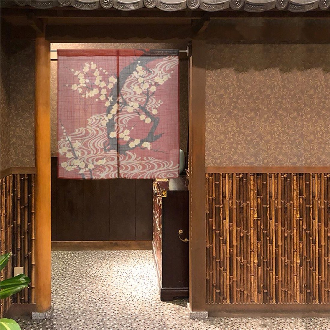 Japanese Noren Door Curtain, Flowing Water White Plum Print, 33.5 x 35.4 in — view 9