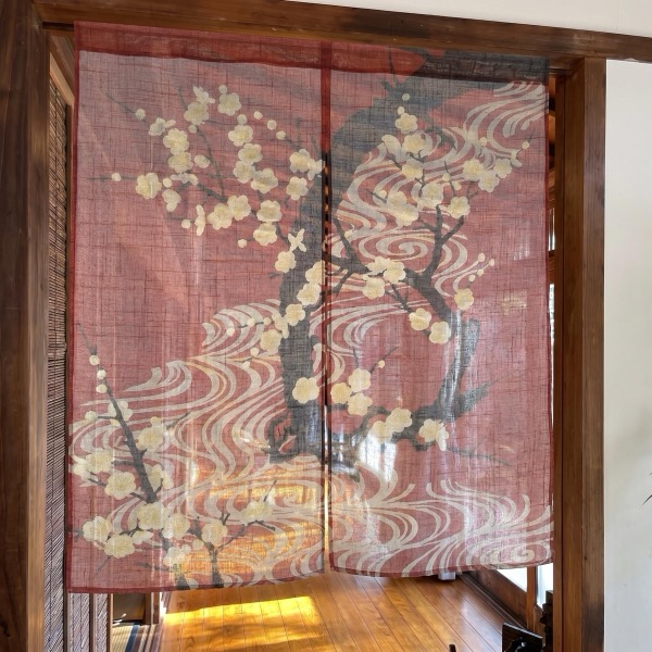 Japanese Noren Door Curtain, Flowing Water White Plum Print, 33.5 x 35.4 in