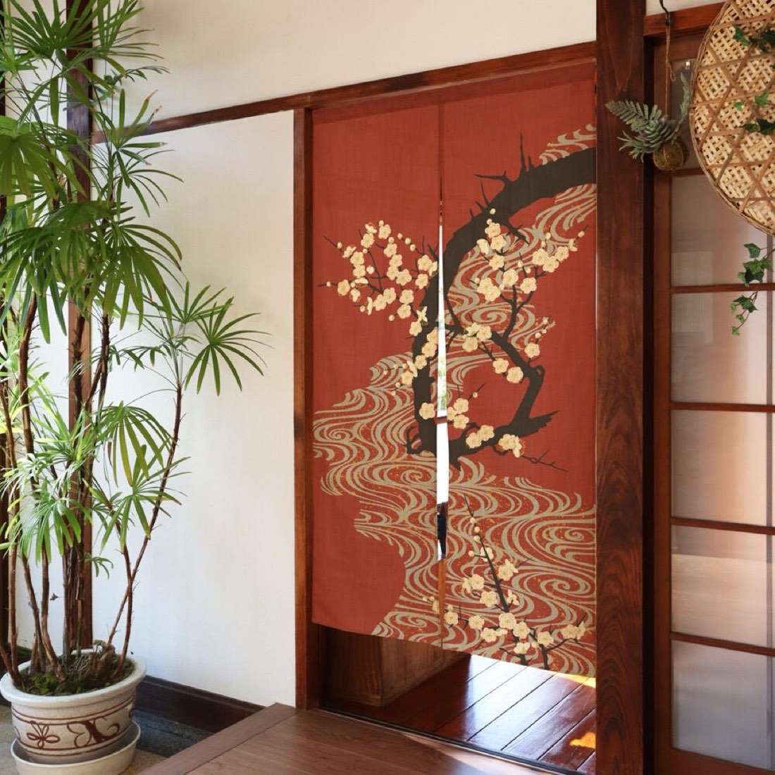 Japanese Noren Door Curtain, Flowing Water White Plum Print, 33.5 x 59.1 in — view 2