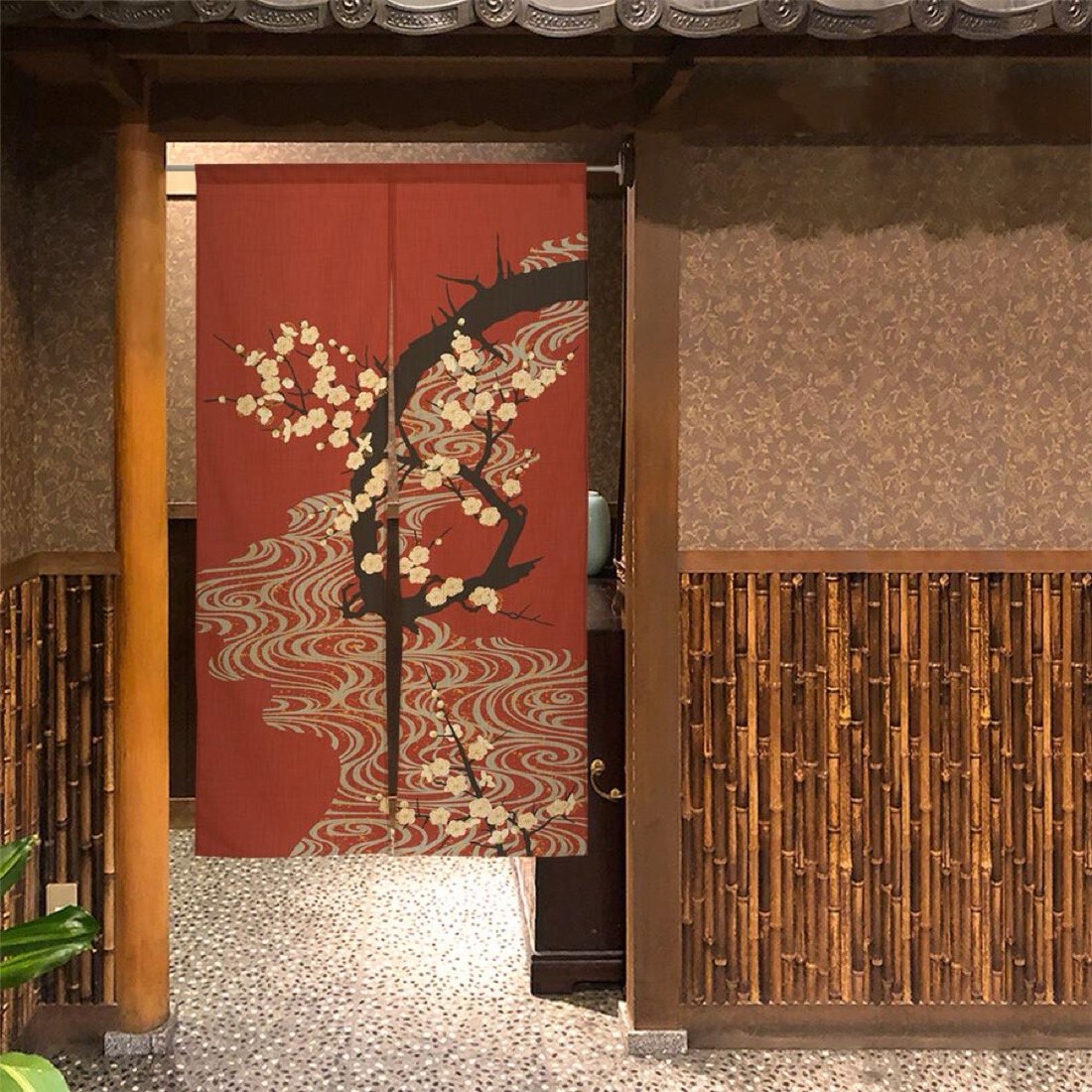 Japanese Noren Door Curtain, Flowing Water White Plum Print, 33.5 x 59.1 in — view 6