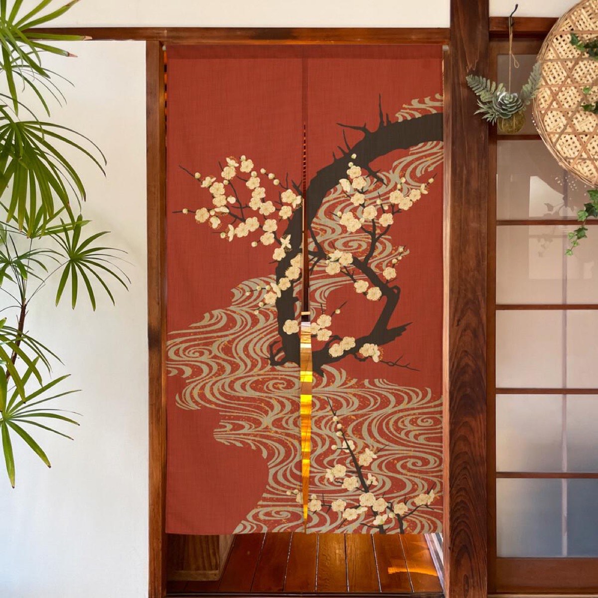 Japanese Noren Door Curtain, Flowing Water White Plum Print, 33.5 x 59.1 in — view 7