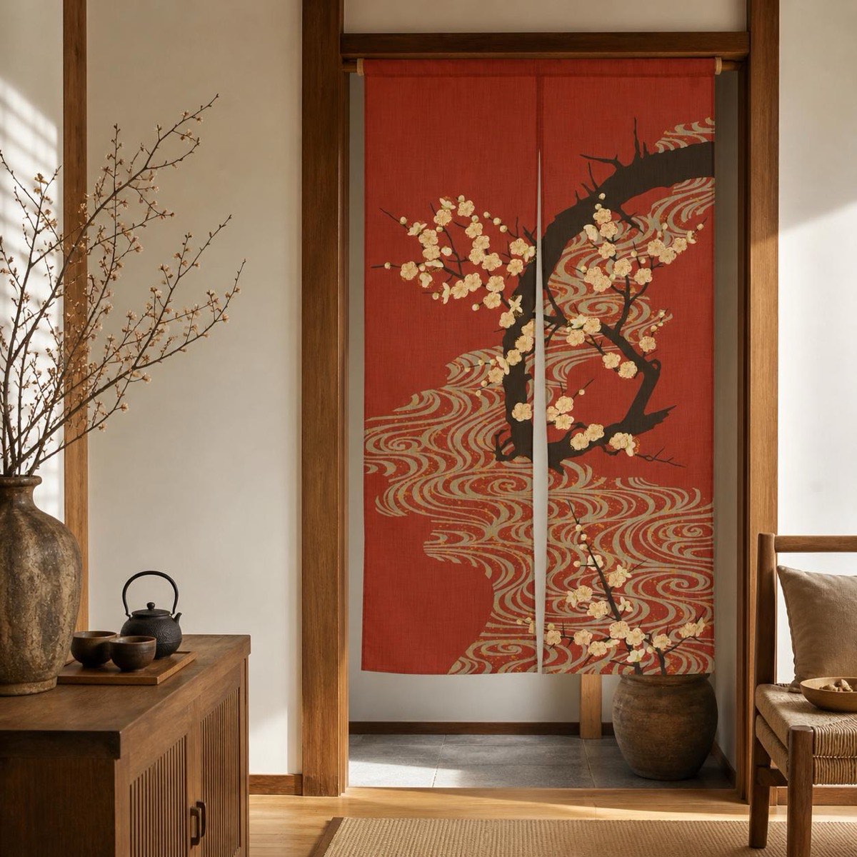 Japanese Noren Door Curtain, Flowing Water White Plum Print, 33.5 x 59.1 in — view 8