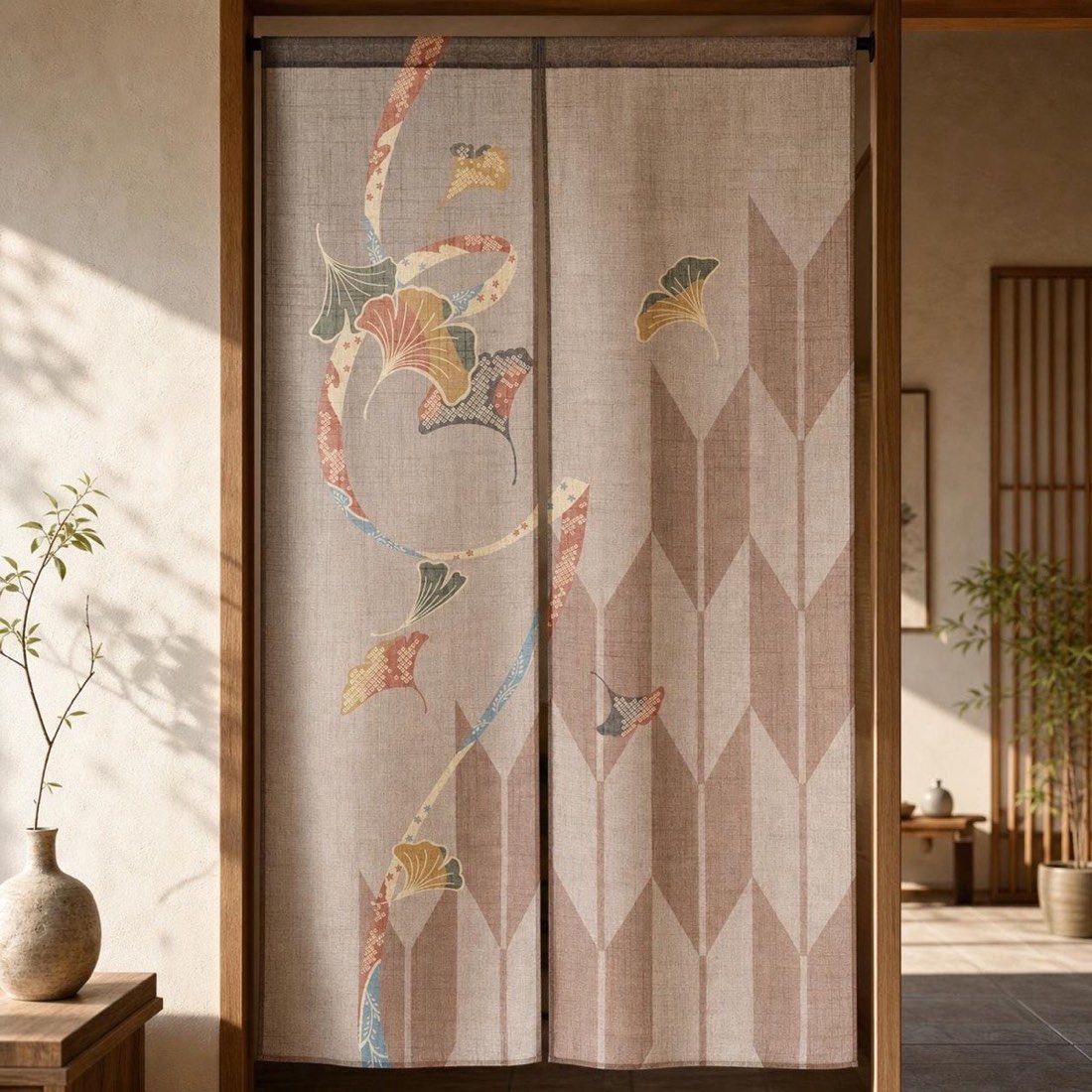 Japanese Noren Door Curtain, Ginkgo Arrow Pattern, Linen-Like Fabric, Made in Japan — view 1
