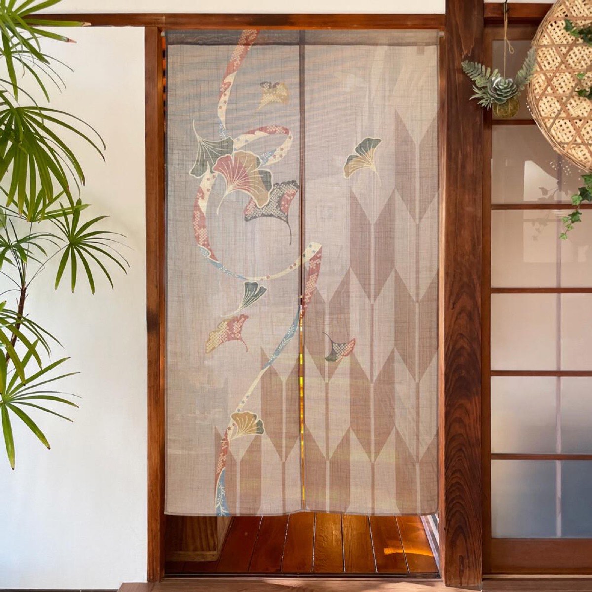 Japanese Noren Door Curtain, Ginkgo Arrow Pattern, Linen-Like Fabric, Made in Japan — view 2