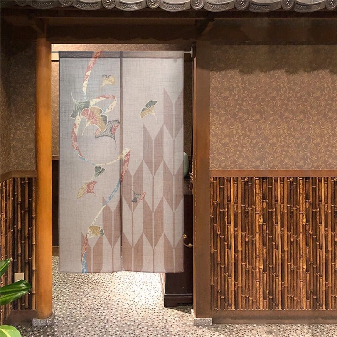 Japanese Noren Door Curtain, Ginkgo Arrow Pattern, Linen-Like Fabric, Made in Japan — view 9