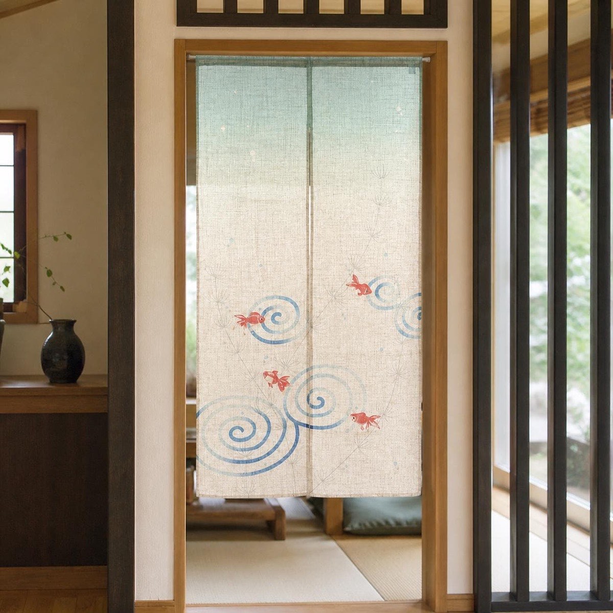 Japanese Noren Door Curtain, Goldfish and Ripple, 33.5 x 59.1 in, Made in Japan — view 10