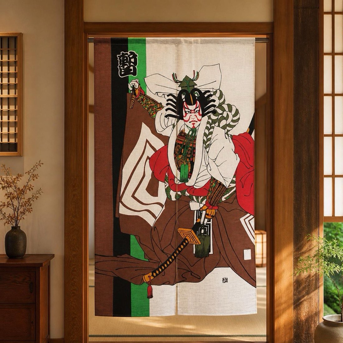 Japanese Noren Door Curtain, Kabuki Figure, 33.5 x 59.1 in, Made in Japan — view 1